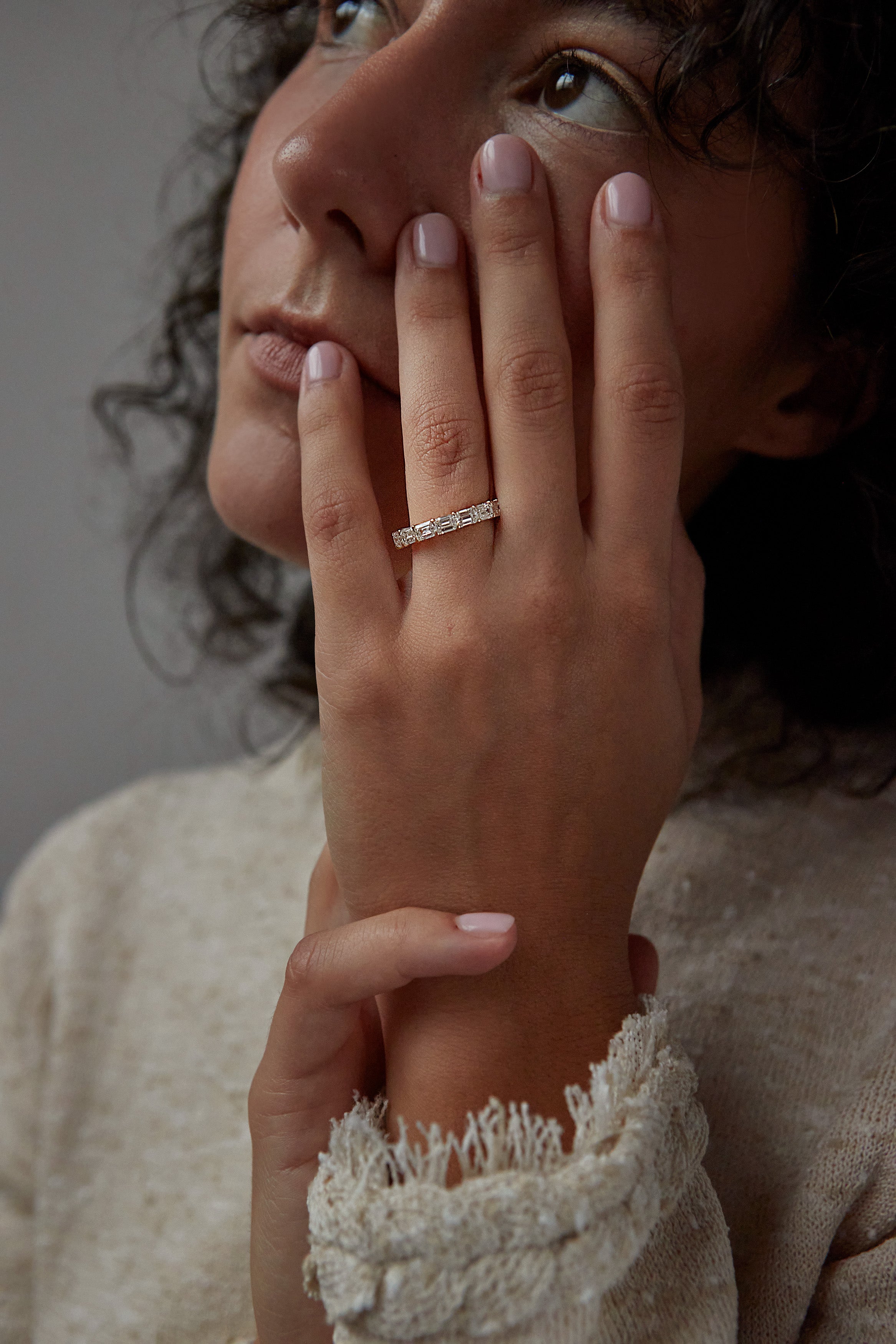 Large Horizontal Emerald Cut Diamond Halfway Band